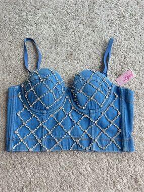 Embellished Blue Denim Bustier Crop Top. Size M